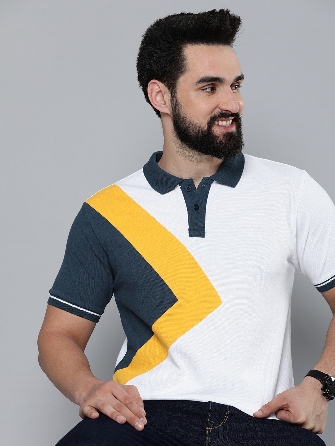 

HERE&NOW Colourblocked Polo Collar Pure Cotton T-shirt, White
