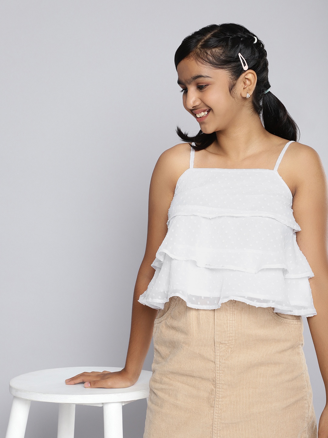 

HERE&NOW Girls Dobby Weave Sleeveless Layered Top, White