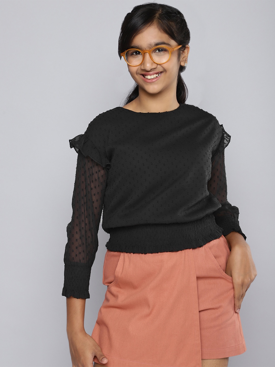 

HERE&NOW Girls Dobby Weave Blouson Top, Black