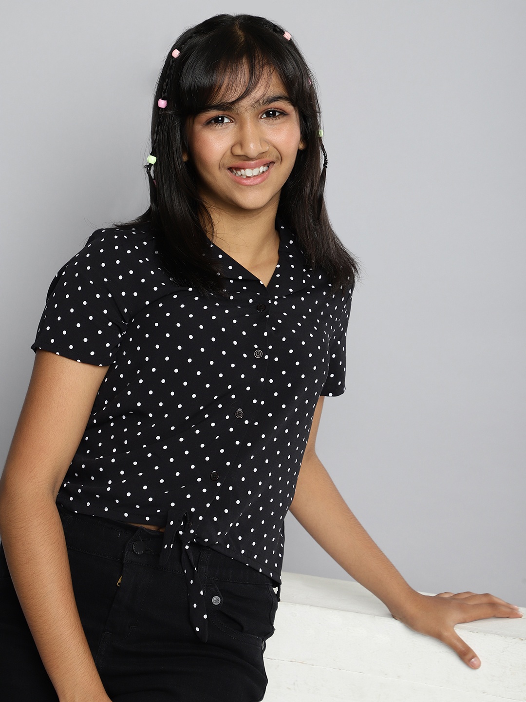 

HERE&NOW Girls Polka Dot Print Shirt Style Top, Black