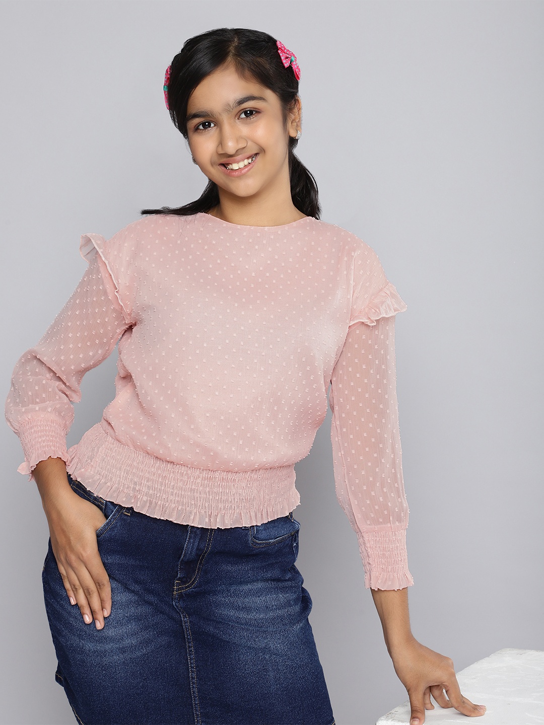 

HERE&NOW Girls Dobby Weave Blouson Top, Peach