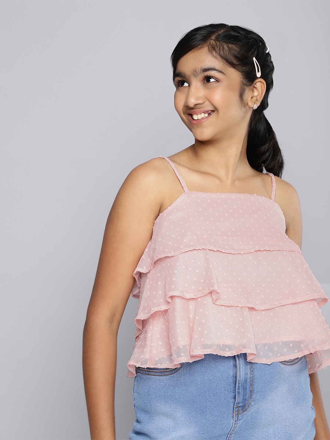 

HERE&NOW Girls Dobby Weave Sleeveless Layered Top, Peach