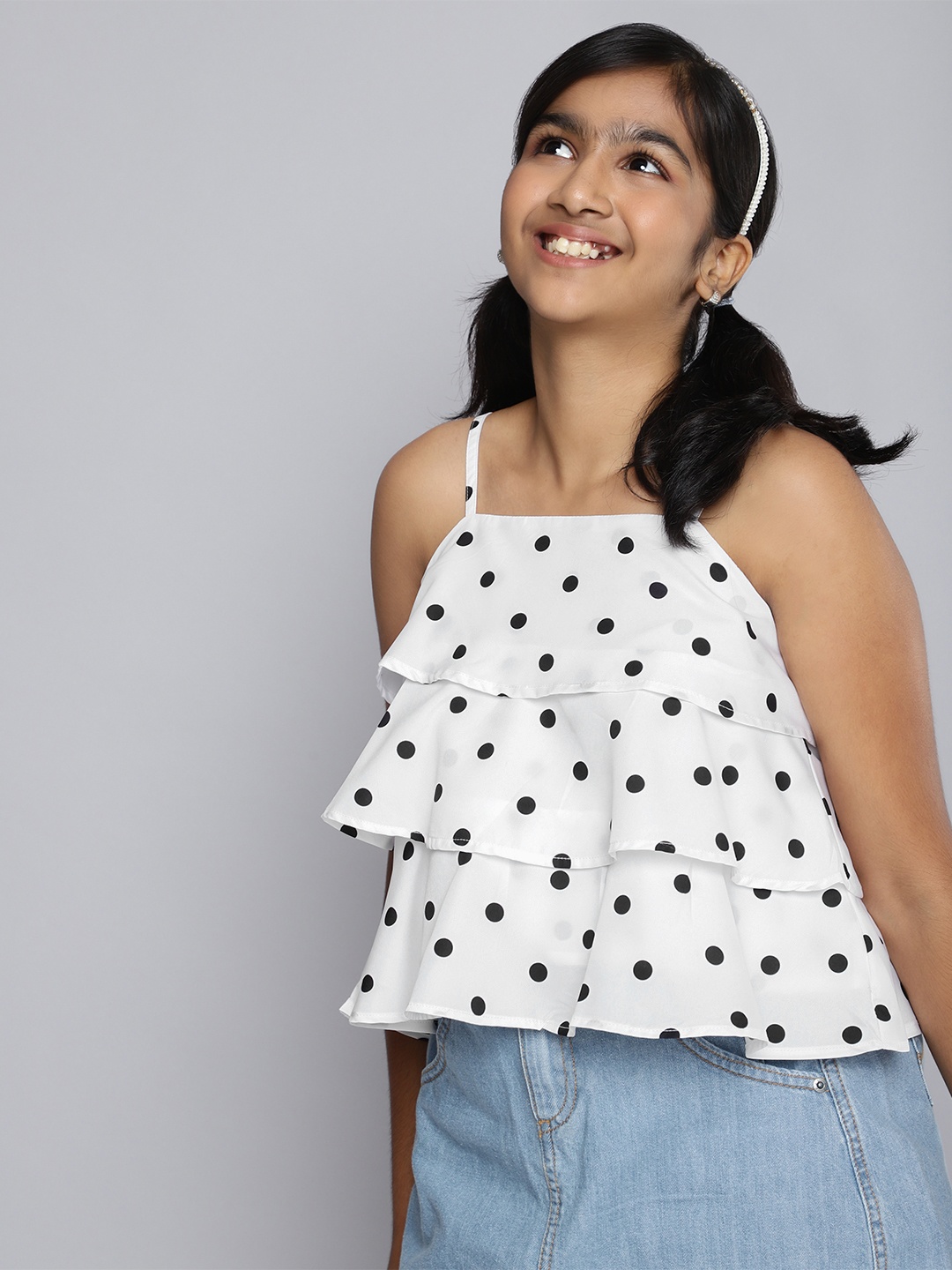 

HERE&NOW Girls Polka Dot Print Layered A-Line Top, White