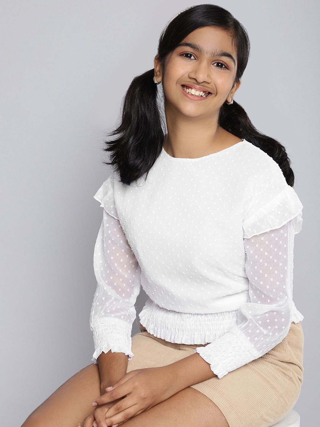 

HERE&NOW Girls Dobby Weave Blouson Top, White