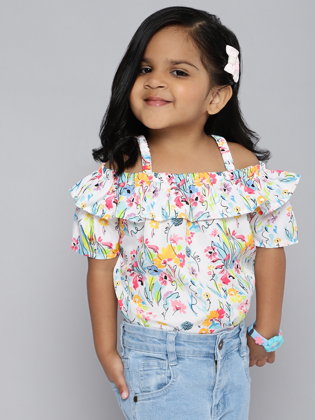 

HERE&NOW Girls Floral Printed Ruffle Detail Top, White