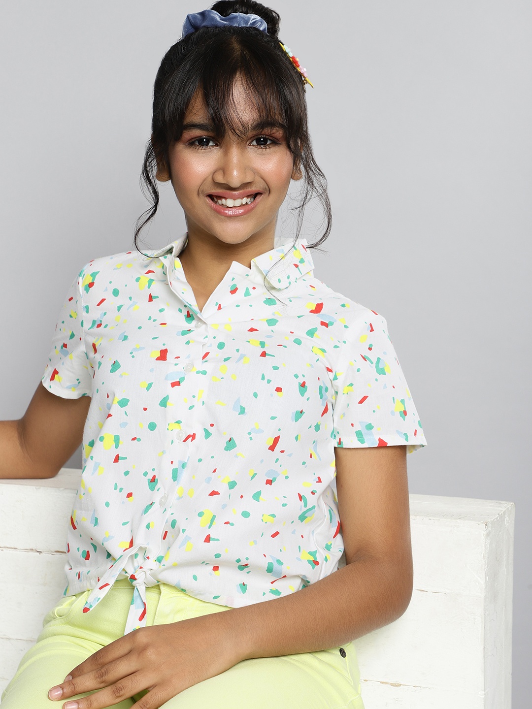 

HERE&NOW Girls Pure Cotton Geometric Print Shirt Style Top, White