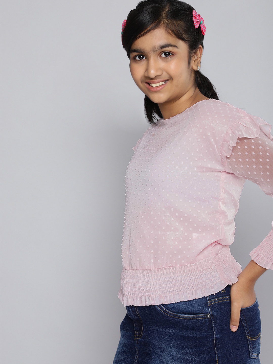 

HERE&NOW Girls Dobby Weave Blouson Top, Pink