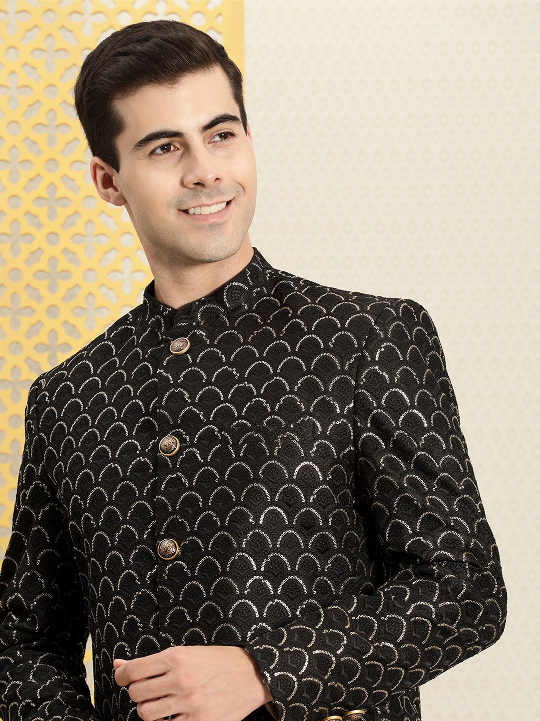 

House of Pataudi Jashn Mandarin Collar Textured Sequined Bandhgala Blazer, Black