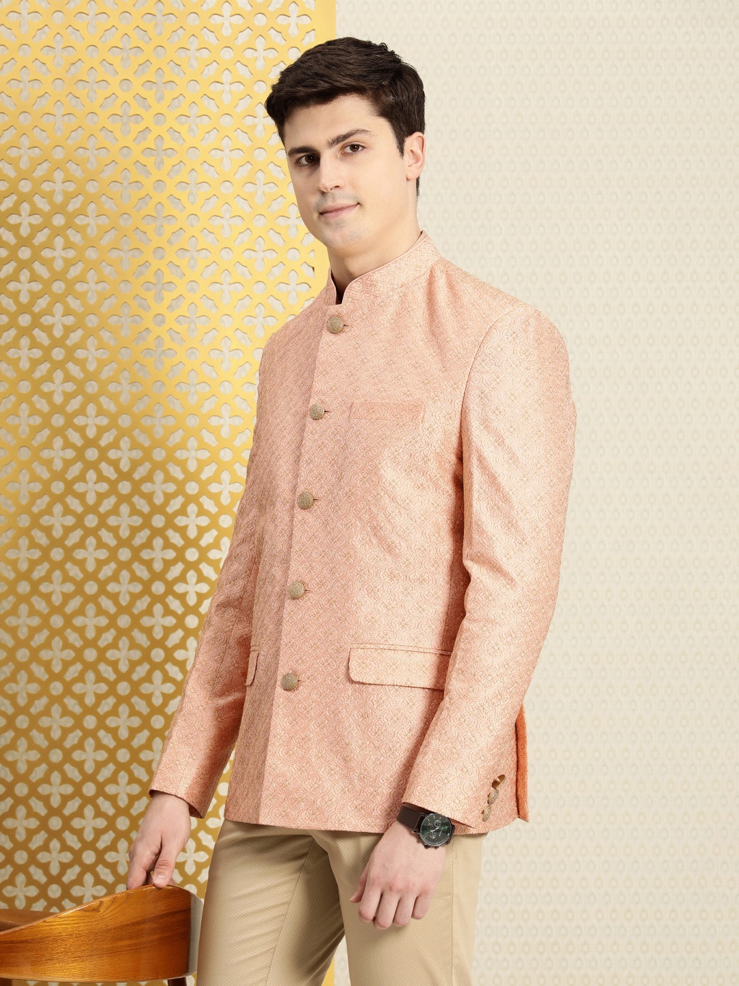 

House of Pataudi Jashn Mandarin Collar Textured With Embellishment Bandhgala Blazer, Pink