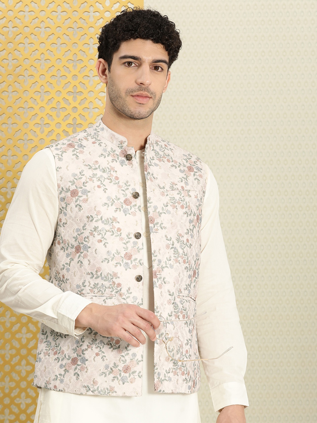 

House of Pataudi Jashn Floral Woven Design & Sequined Nehru Jacket, Off white