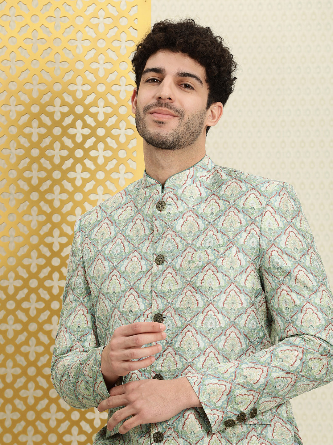 

House of Pataudi Jashn Men Ethnic Motifs Self Design Regular Fit Bandhgala, Blue