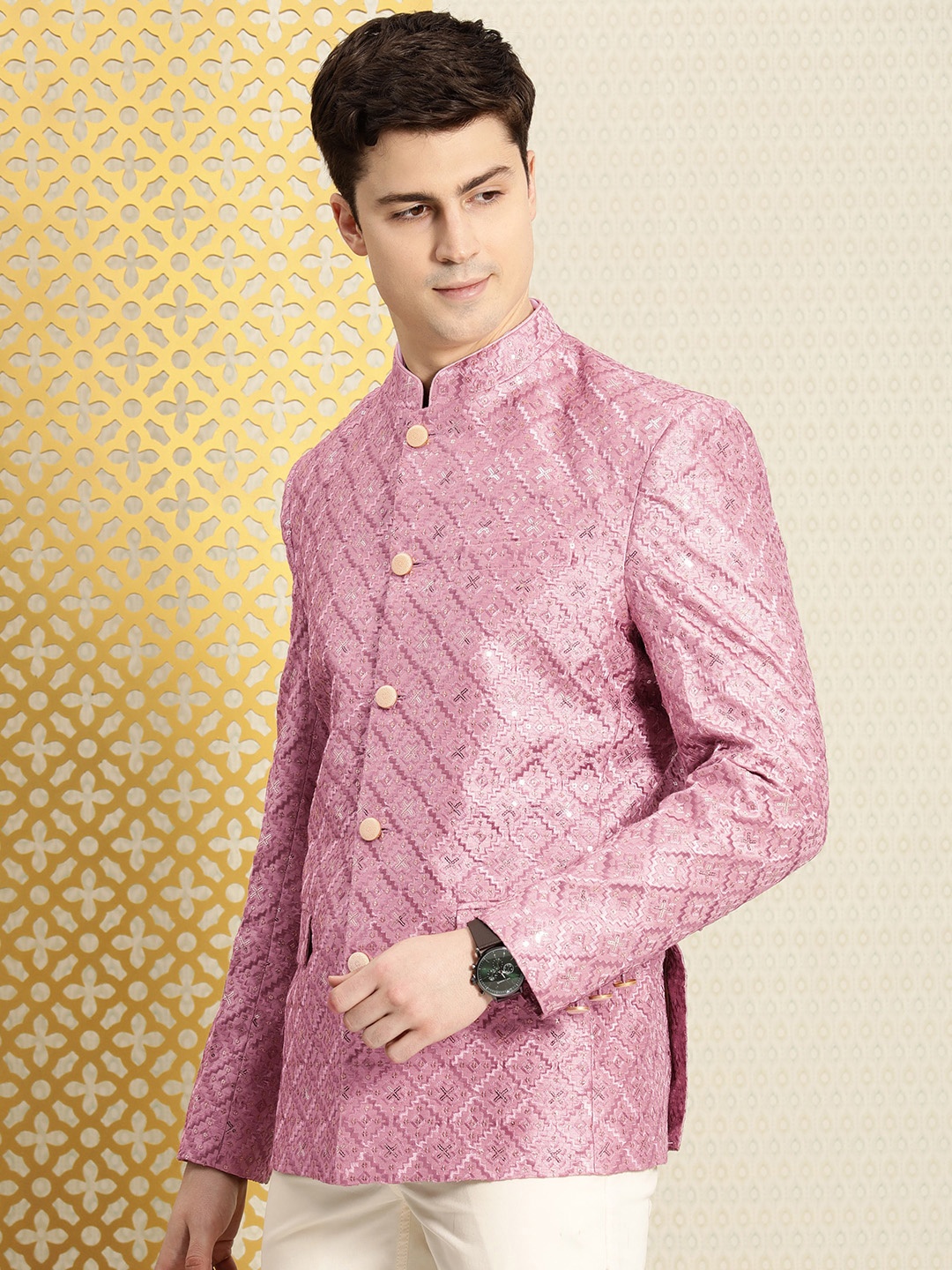 

House of Pataudi Jashn Mandarin Collar Textured Sequinned Bandhgala Blazer, Purple