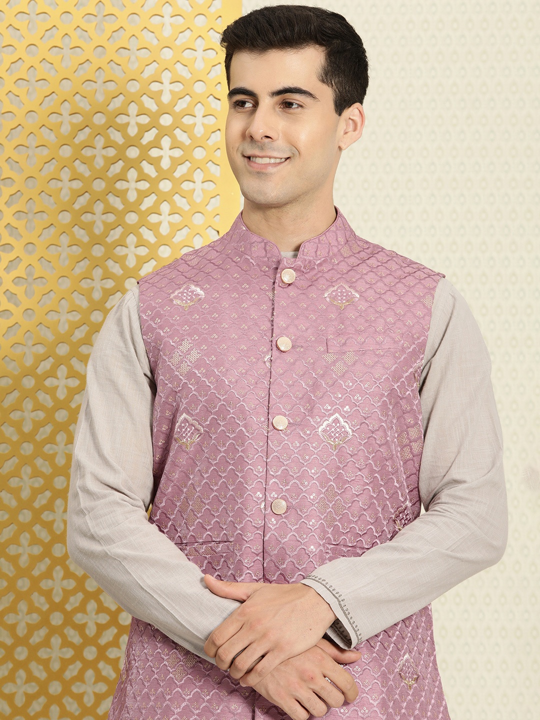

House of Pataudi Jashn Sequined Thread Work Nehru Jacket, Mauve