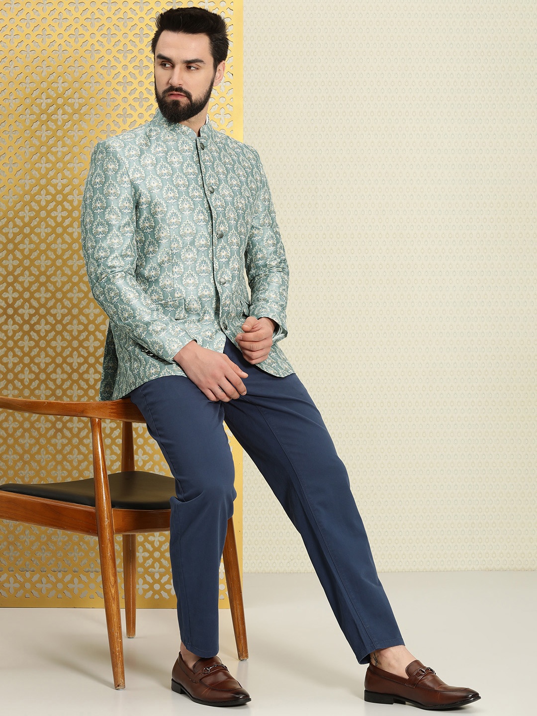 

House of Pataudi Men Ethnic Motifs Printed Sequined Bandhgala Jashn Blazer, Blue