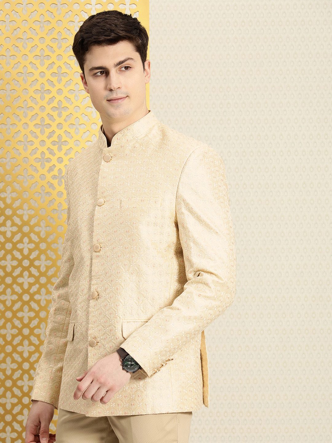 

House of Pataudi Jashn Mandarin Collar Textured With Embroidered Bandhgala Blazer, Cream
