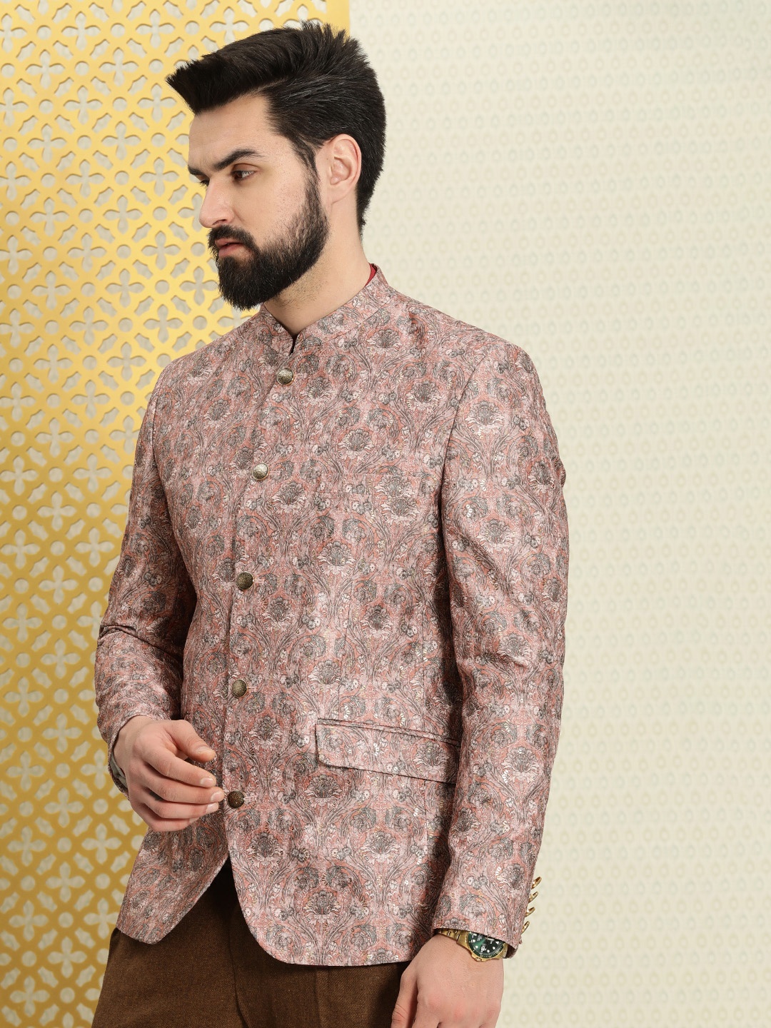 

House of Pataudi Men Ethnic Motifs Printed Sequined Bandhgala Jashn Blazer, Rust