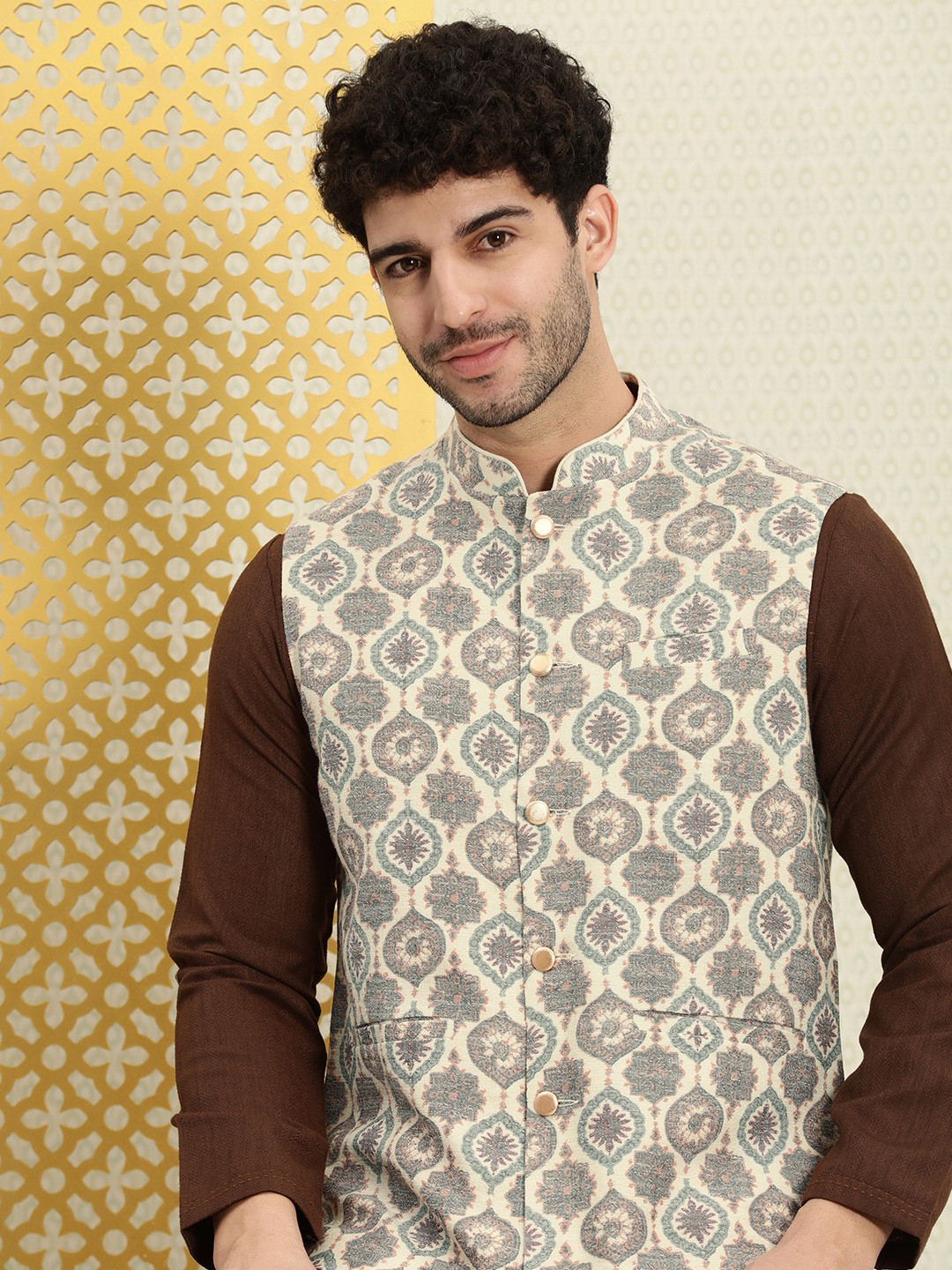 

House of Pataudi Jashn Woven Design Ethnic Motifs Nehru Jacket, Beige