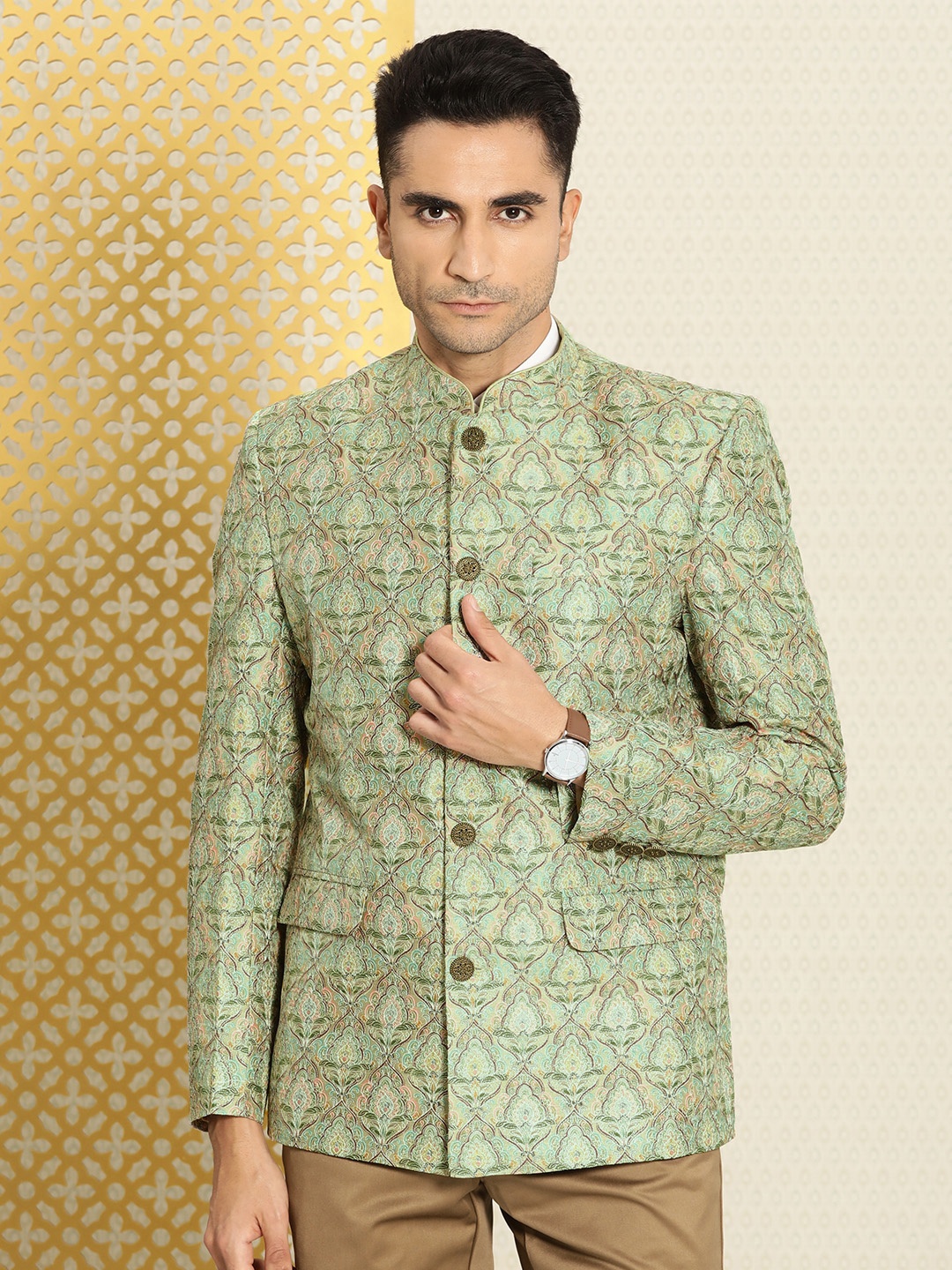 

House of Pataudi Jashn Ethnic Motifs Embroidered Bandhgala Blazer, Green