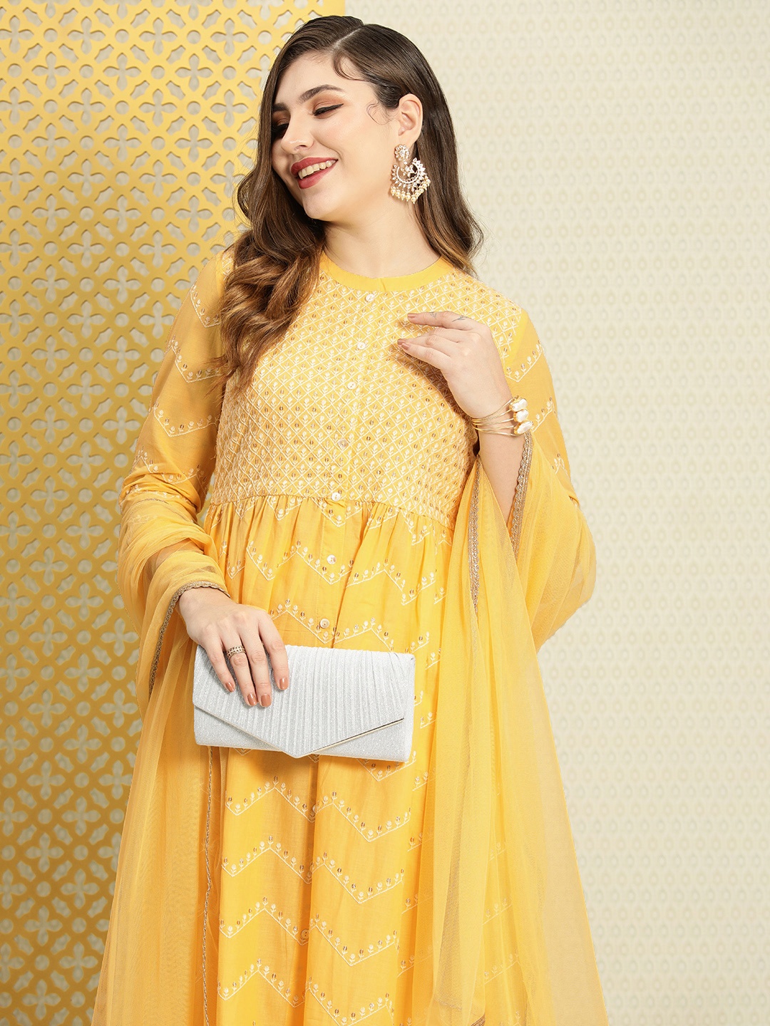 

House of Pataudi Women Jashn Embroidered Sequined Cotton Kurta & Trousers With Dupatta, Yellow