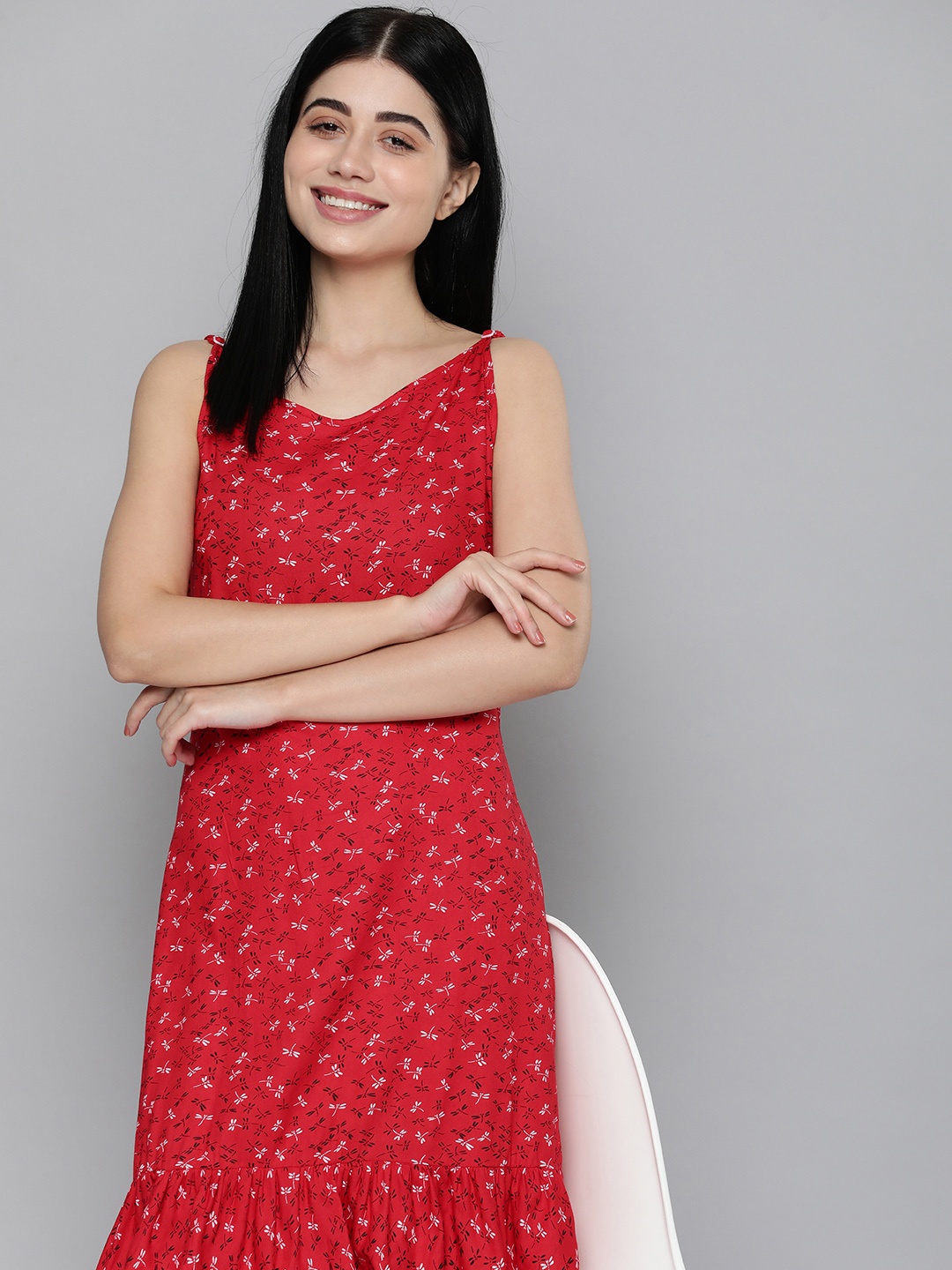 

HERE&NOW Shoulder Straps Round Neck Printed Nightdress, Red