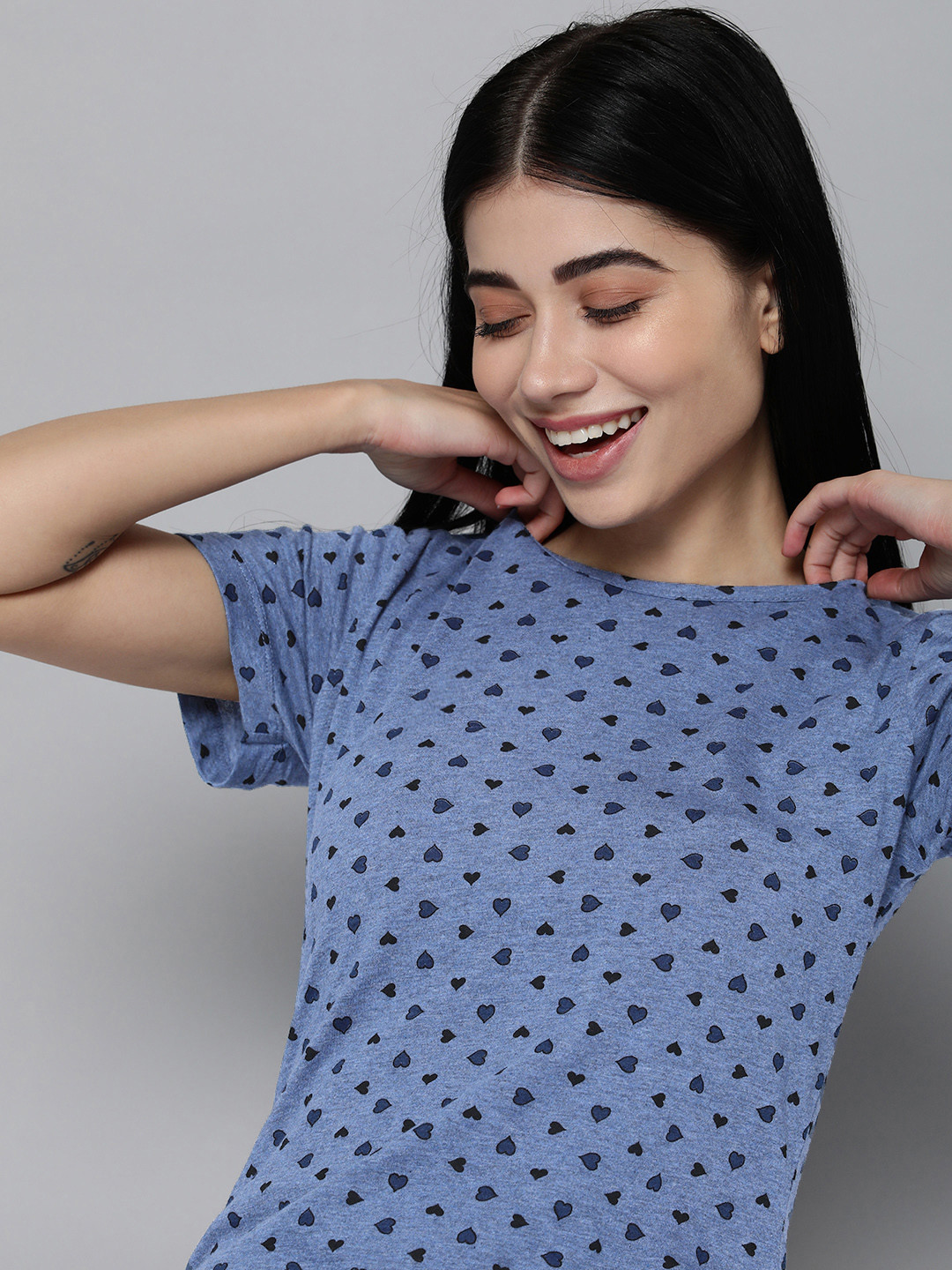 

HERE&NOW Round Neck Shorts Sleeves Printed Nightdress, Blue