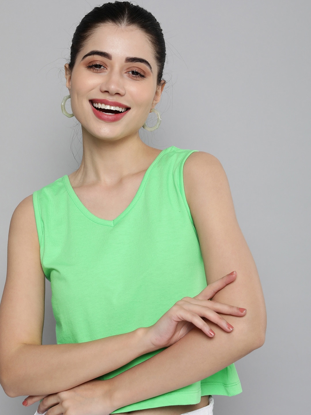 

HERE&NOW Pure Cotton Solid Crop Top, Green