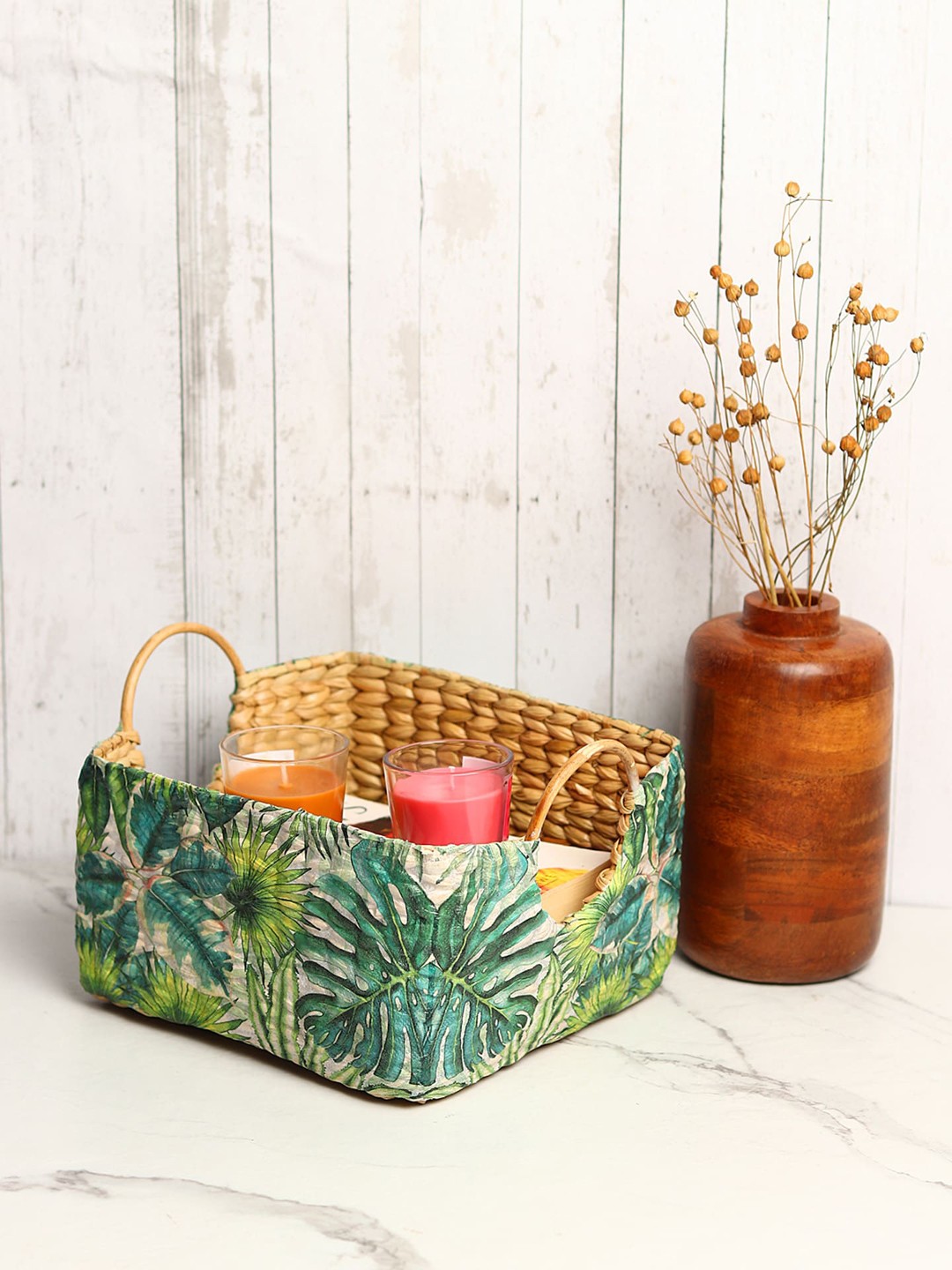 

HABERE INDIA Green & Beige Printed Woven Jute Storage Basket