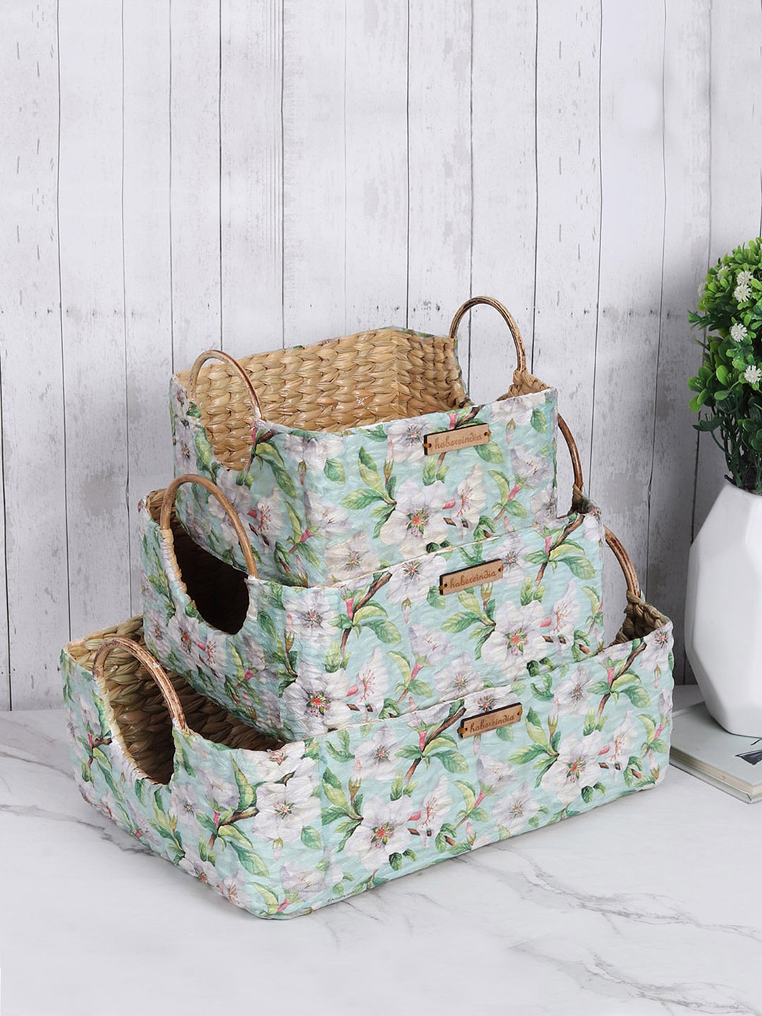 

HABERE INDIA Green & Beige Set of 3 Floral Printed Seagrass Storage Baskets