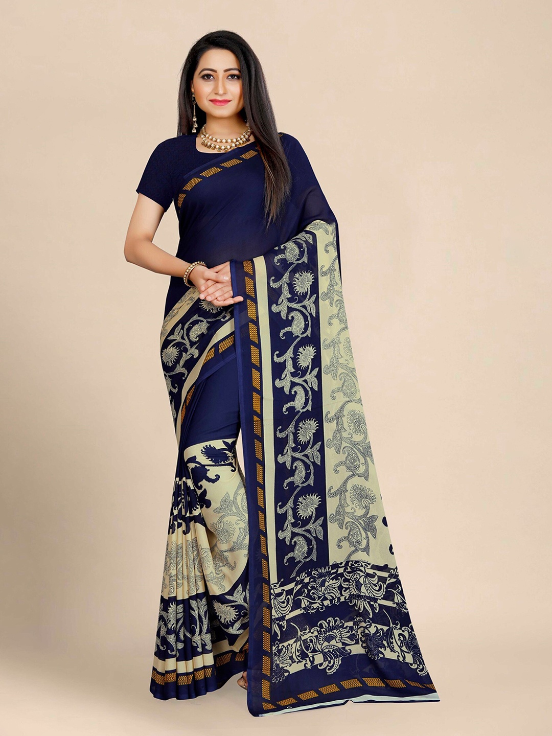 

MOKSHA DESIGNS Floral Printed Saree, Navy blue
