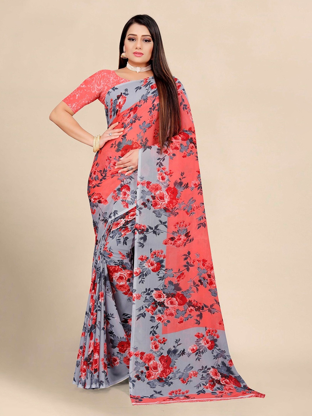 

MOKSHA DESIGNS Floral Printed Saree, Coral