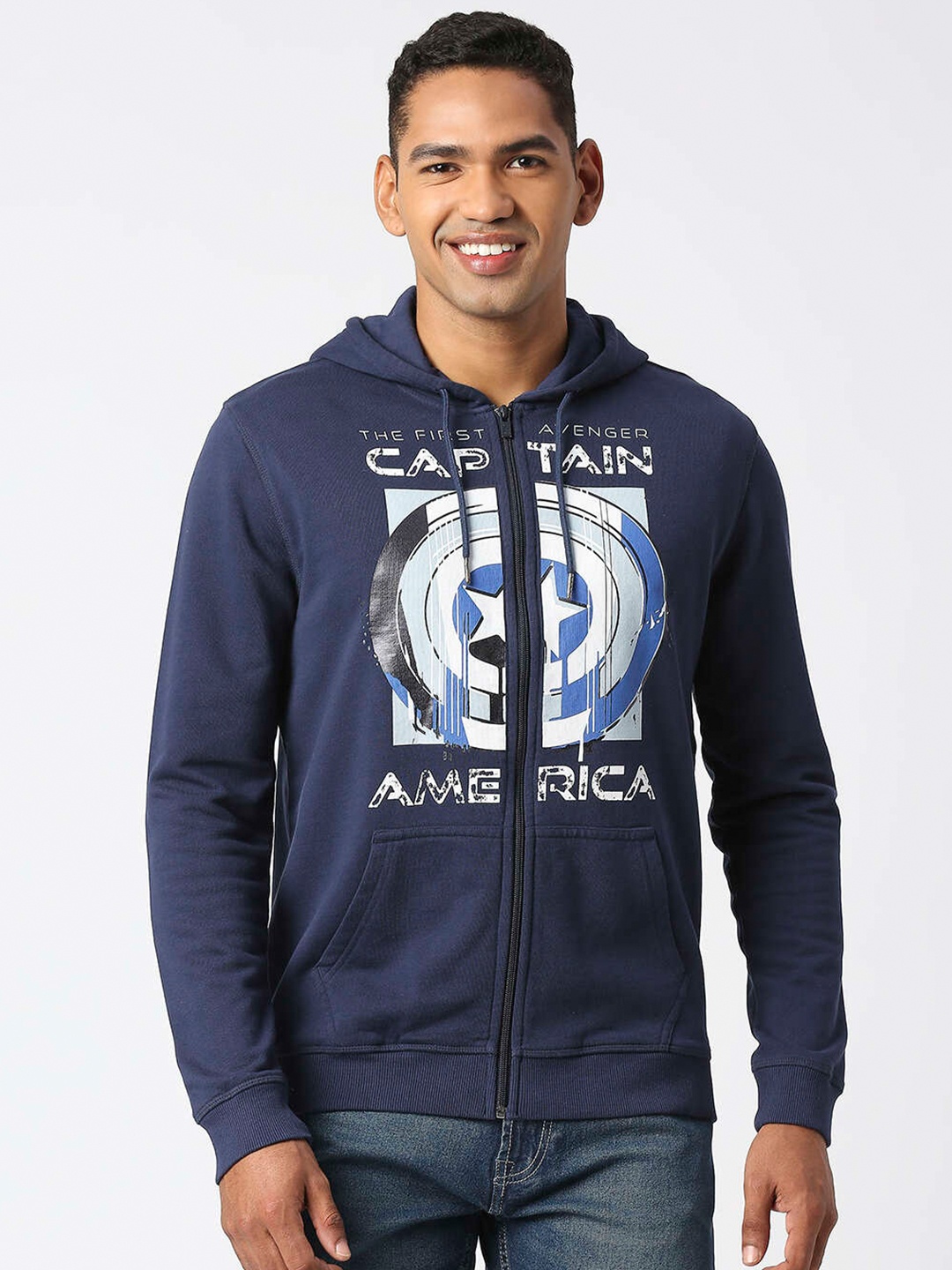 

Pepe Jeans Men Printed Hooded Cotton Front-Open Sweatshirt, Navy blue