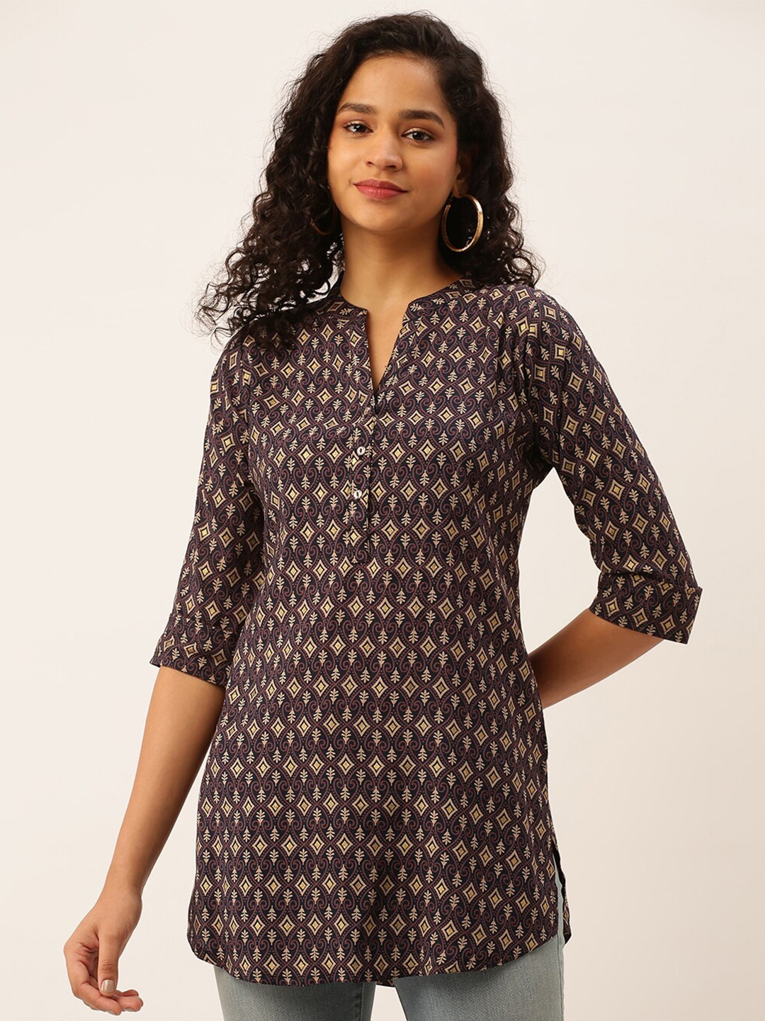 

ZOLA Geometric Printed Pure Silk Kurti, Navy blue