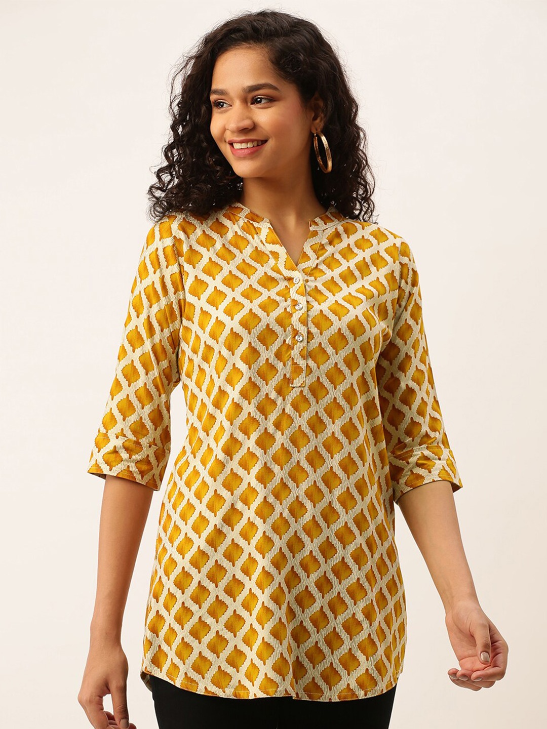 

ZOLA Ethnic Motifs Printed Pure Silk Kurti, Mustard