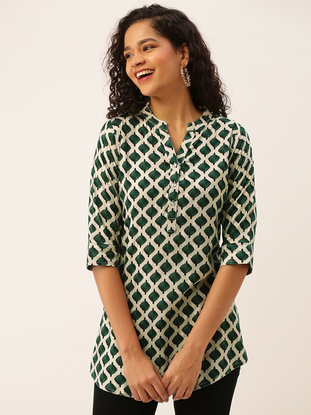 

ZOLA Ethnic Motifs Printed Pure Silk Kurti, Green