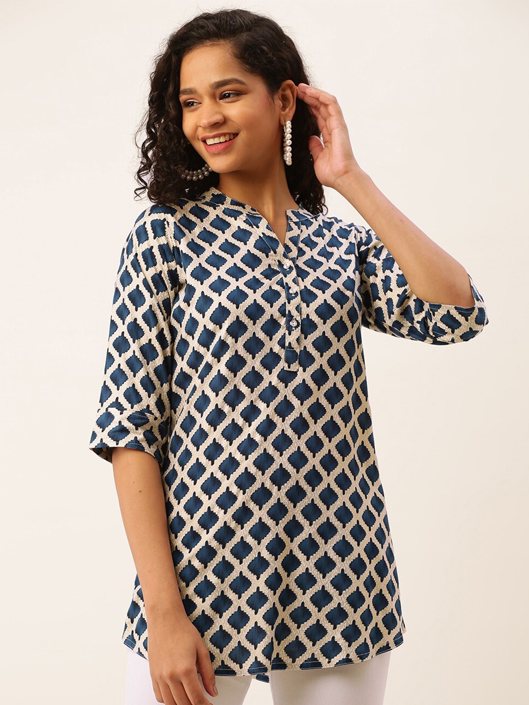 

ZOLA Ethnic Motifs Printed Pure Silk Kurti, Navy blue