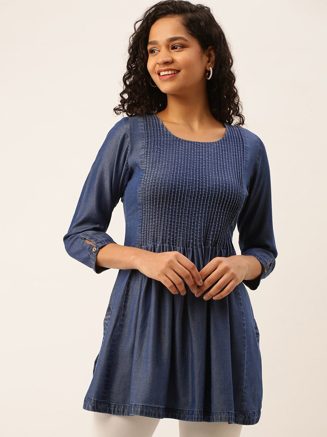 

ZOLA Round Neck Cotton Denim Pleats Yoke Tunic, Blue