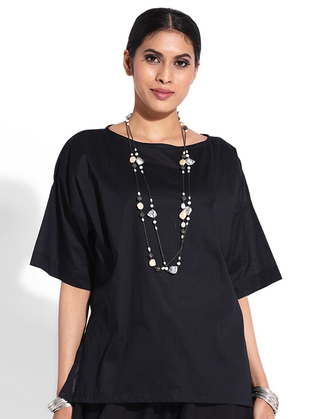 

GRASS by Gitika Goyal Women Solid Cotton Kaftan Top, Black