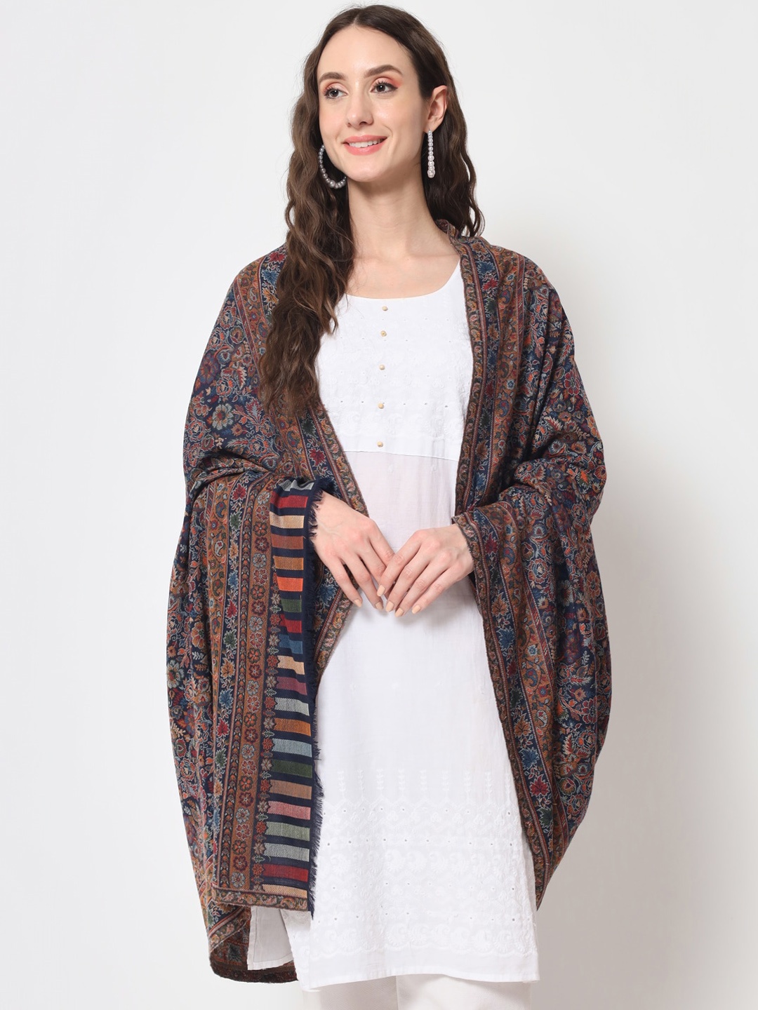 

Zamour Women Kani Woven Design Wool Shawl, Blue