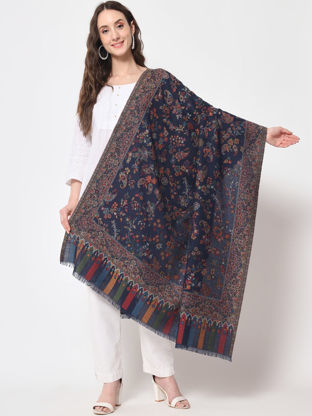 

Zamour Women Kani Woven Design Woolen Shawl, Blue