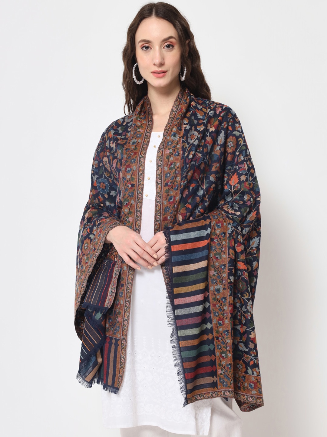 

Zamour Women Kani Woven Design Wool Shawl, Blue