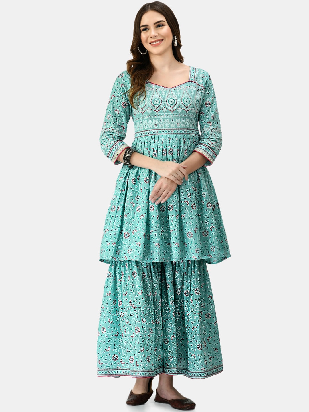 

MAFE Floral Printed Empire Pure Cotton Kurta with Sharara & With Dupatta, Sea green