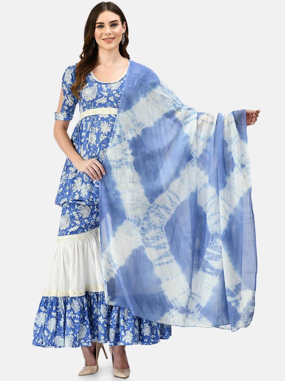 

MAFE Floral Printed Pure Cotton Kurta with Sharara & With Dupatta, Turquoise blue