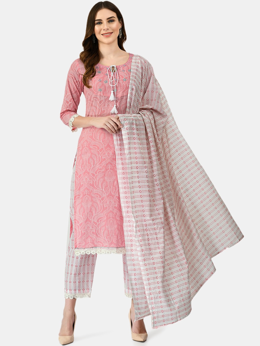 

MAFE Floral Printed Pure Cotton Kurta with Trousers & With Dupatta, Pink