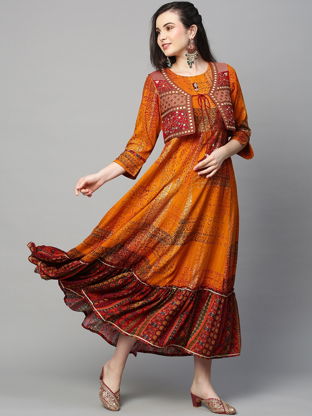 

INDYES Women Ethnic Motifs Printed Tiering Anarkali Kurta with Embroidered Jacket, Mustard