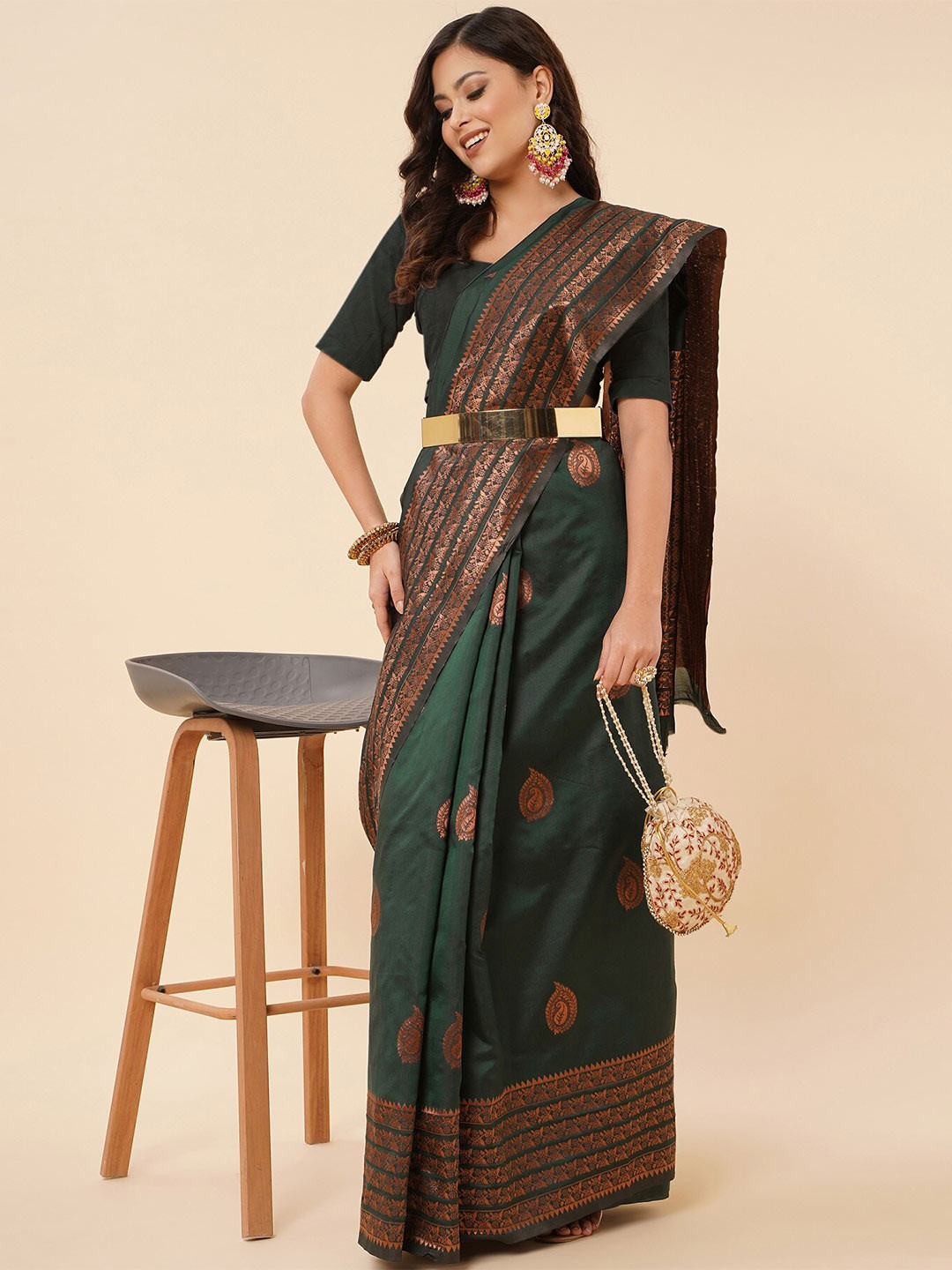 

Fashion Booms Woven Design Zari Pure Silk Kanjeevaram Saree, Green