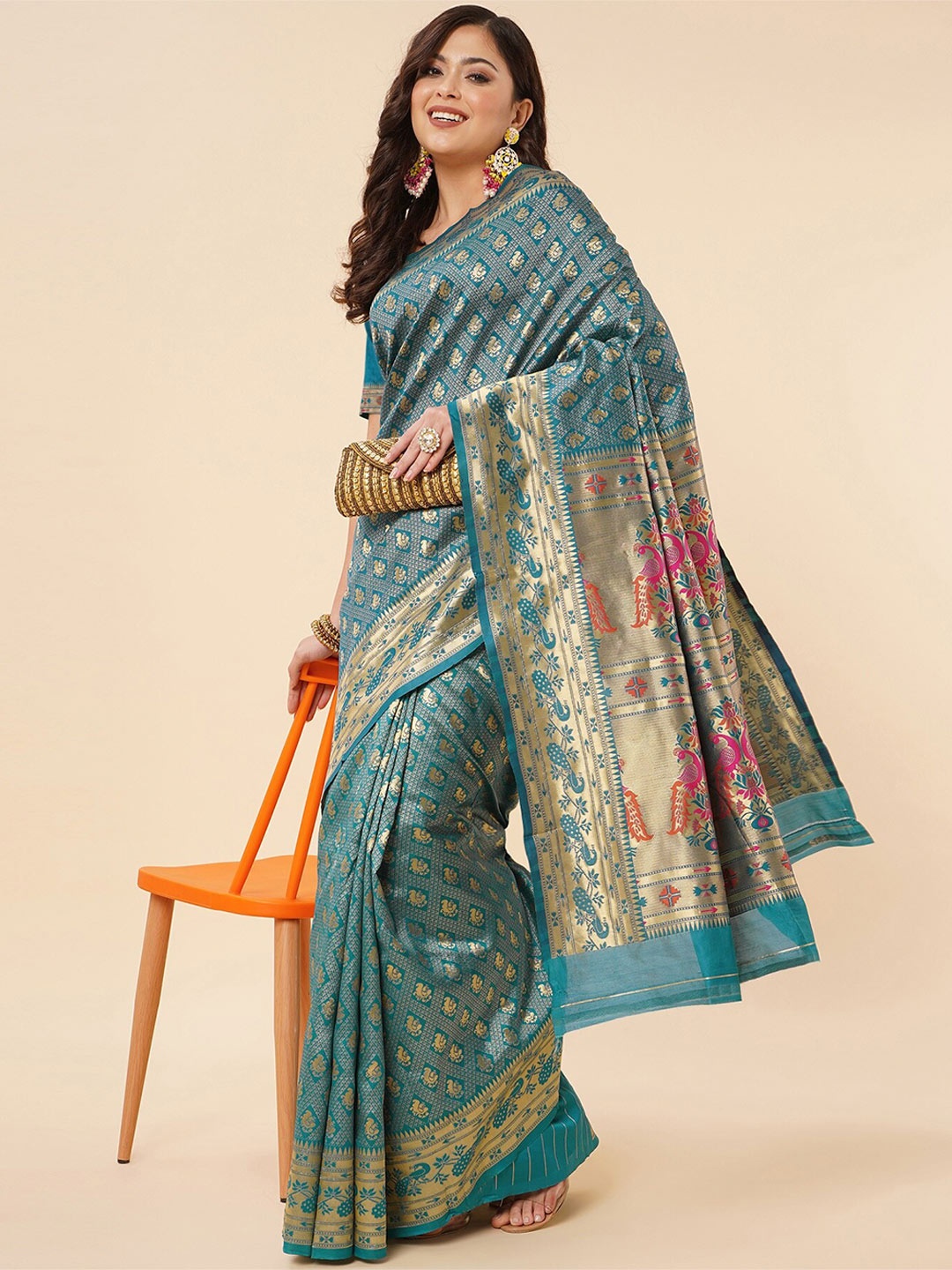 

Fashion Booms Woven Design Zari Pure Silk Kanjeevaram Saree, Blue
