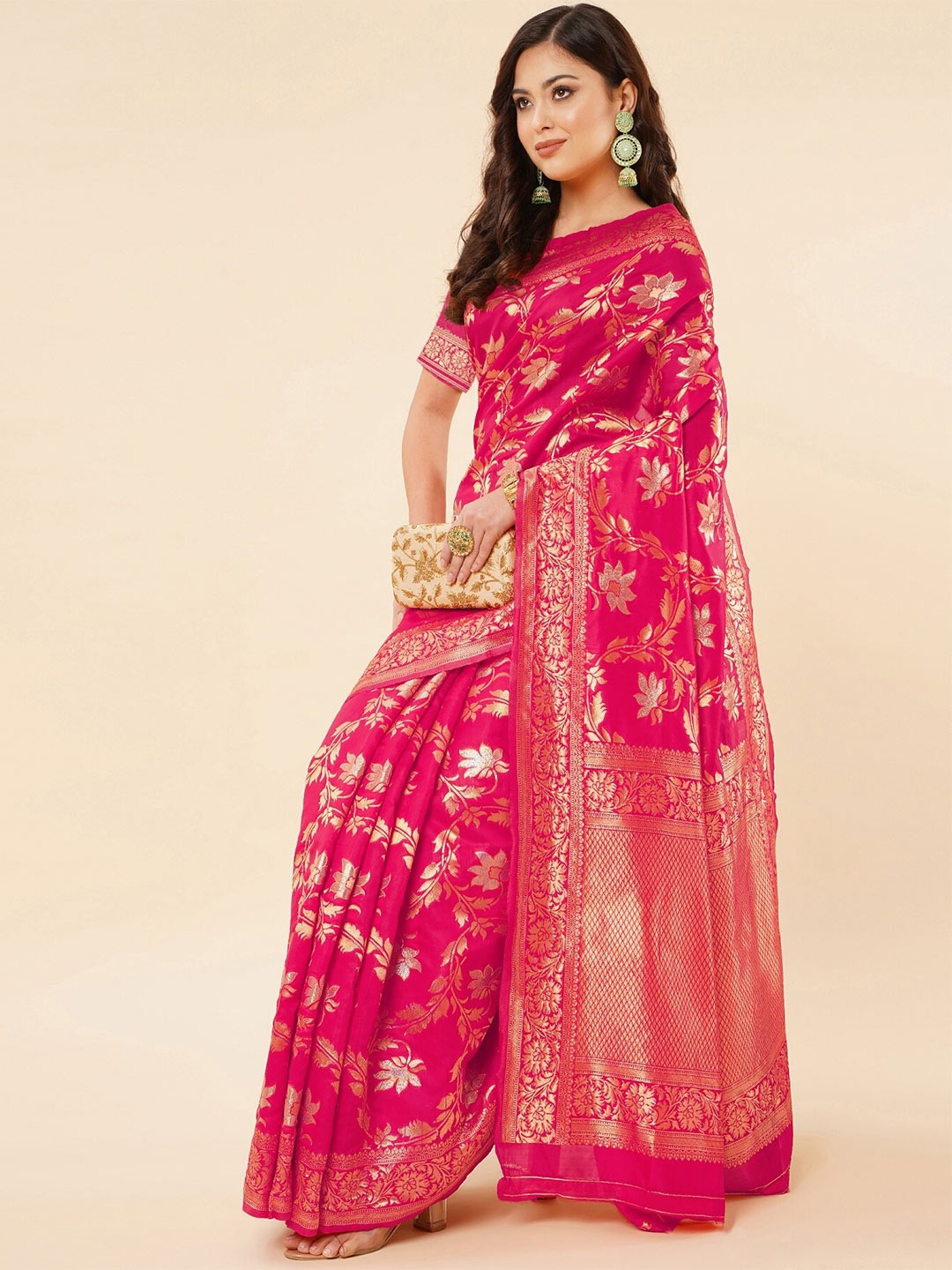 

Fashion Booms Woven Design Zari Pure Silk Kanjeevaram Saree, Pink