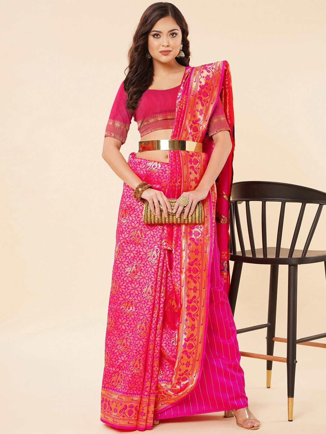 

Fashion Booms Woven Design Zari Pure Silk Kanjeevaram Saree, Pink