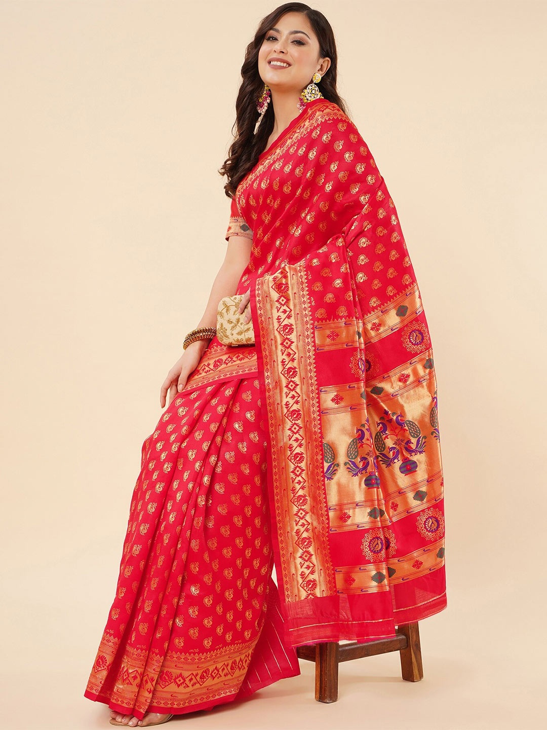 

Fashion Booms Woven Design Zari Pure Silk Kanjeevaram Saree, Red