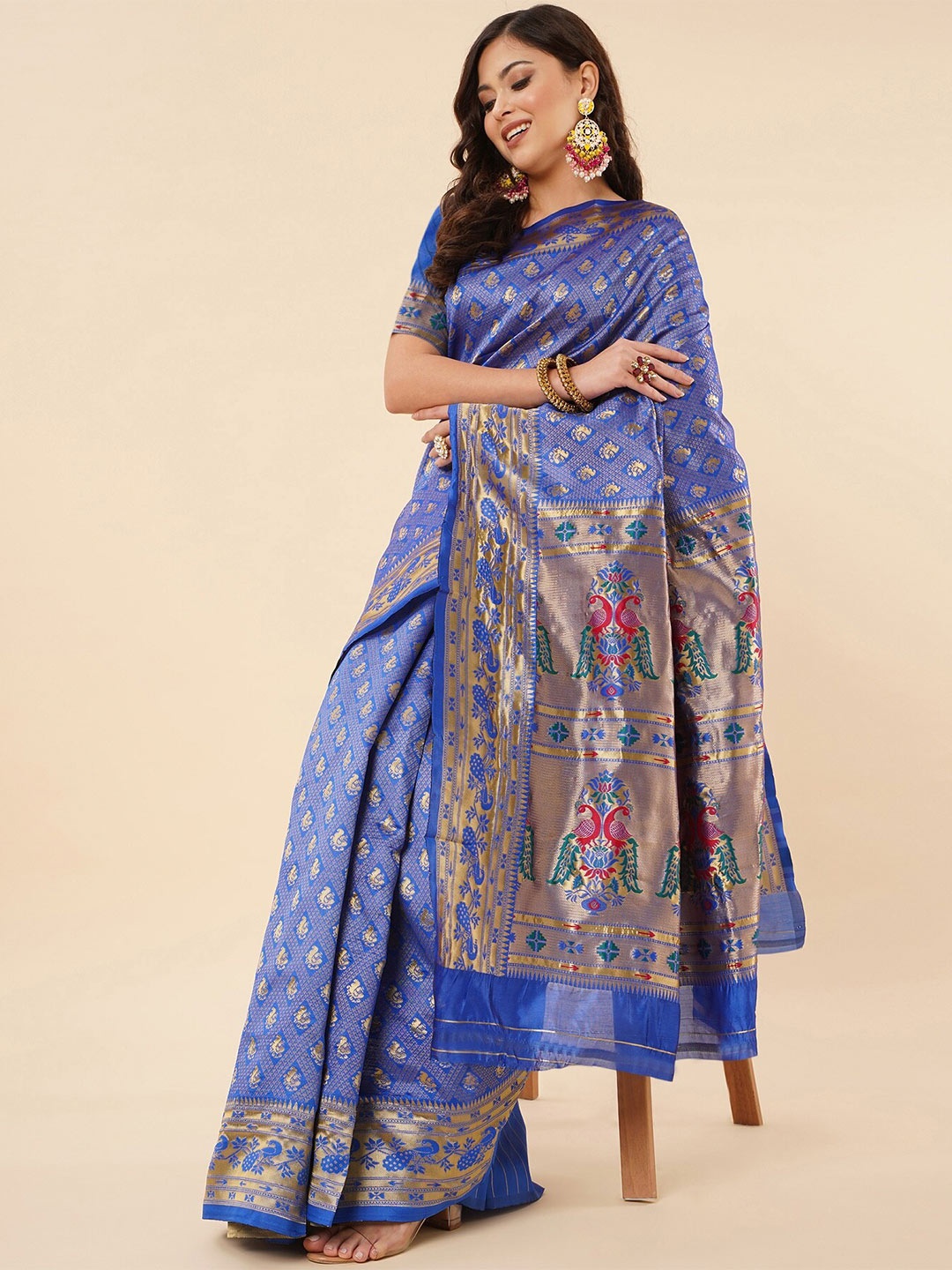 

Fashion Booms Ethnic Motifs Zari Pure Silk Kanjeevaram Saree, Blue